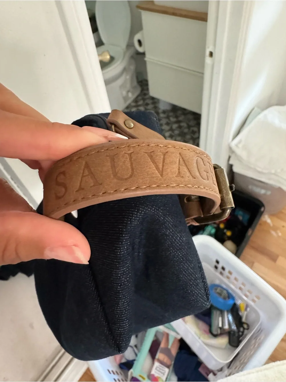 Dior Navy Denim Travel Pouch with Tan Leather Accent cosmetic bag